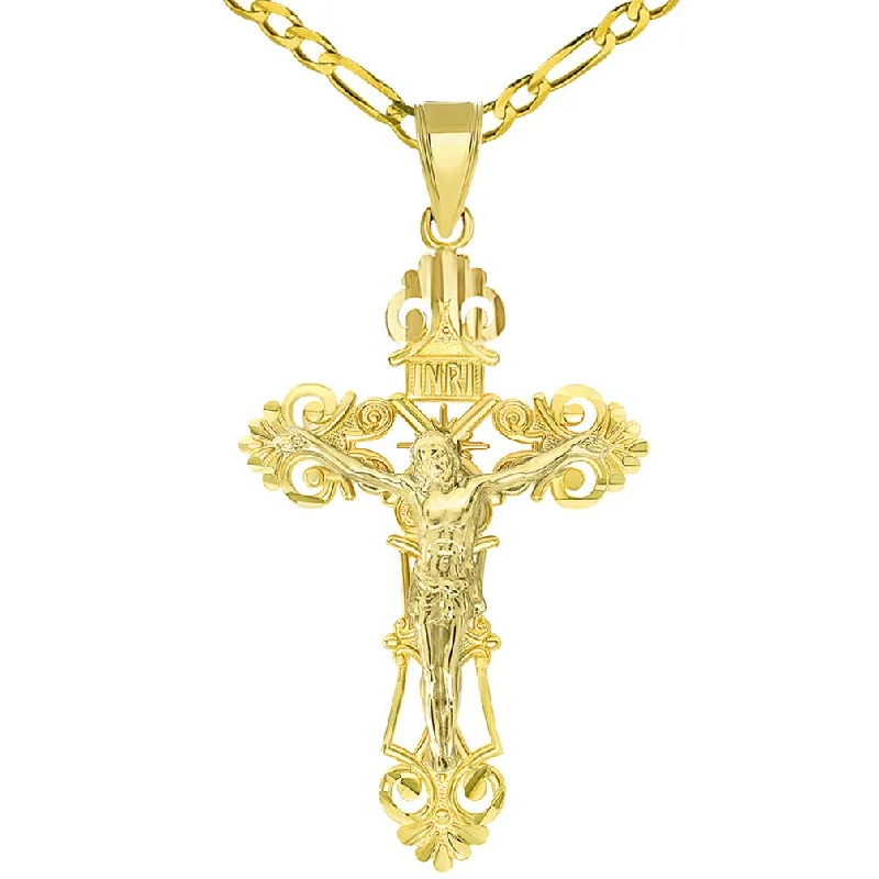 women boho necklaces -Solid 14K Yellow Gold Roman Catholic Cross with Jesus INRI Crucifix Pendant with Figaro Chain Necklace