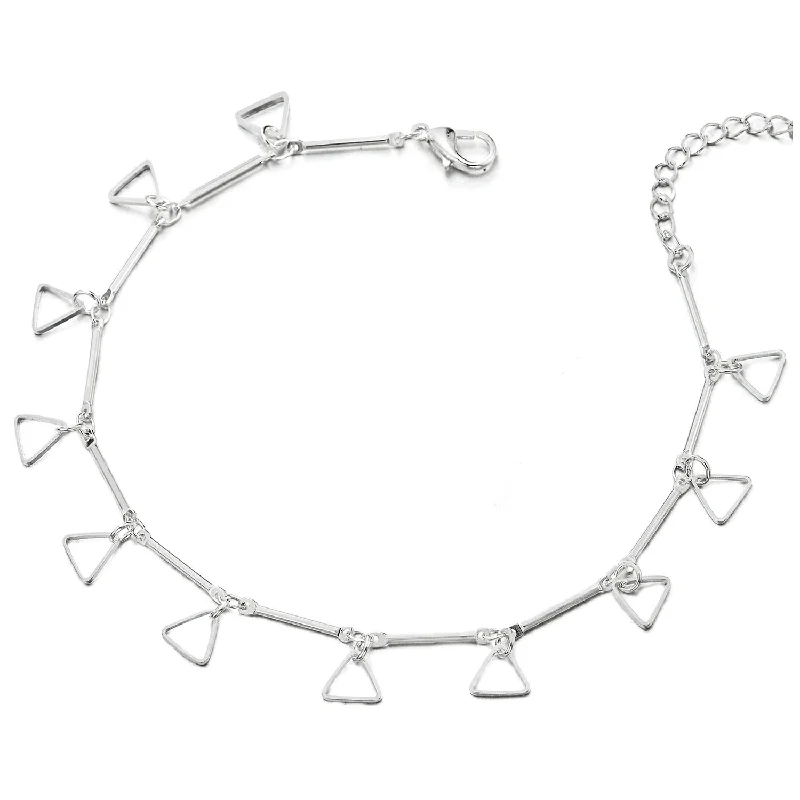 women pearl chain bracelets -Lovely Link Anklet Bracelet with Triangle Frame Charms and Jingle Bell, Adjustable