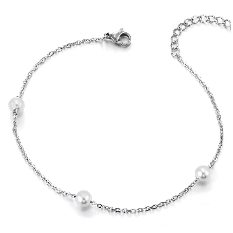 women anniversary bracelets -Elegant Stainless Steel Link Chain Anklet Bracelet with Charms of Pearls, Adjustable