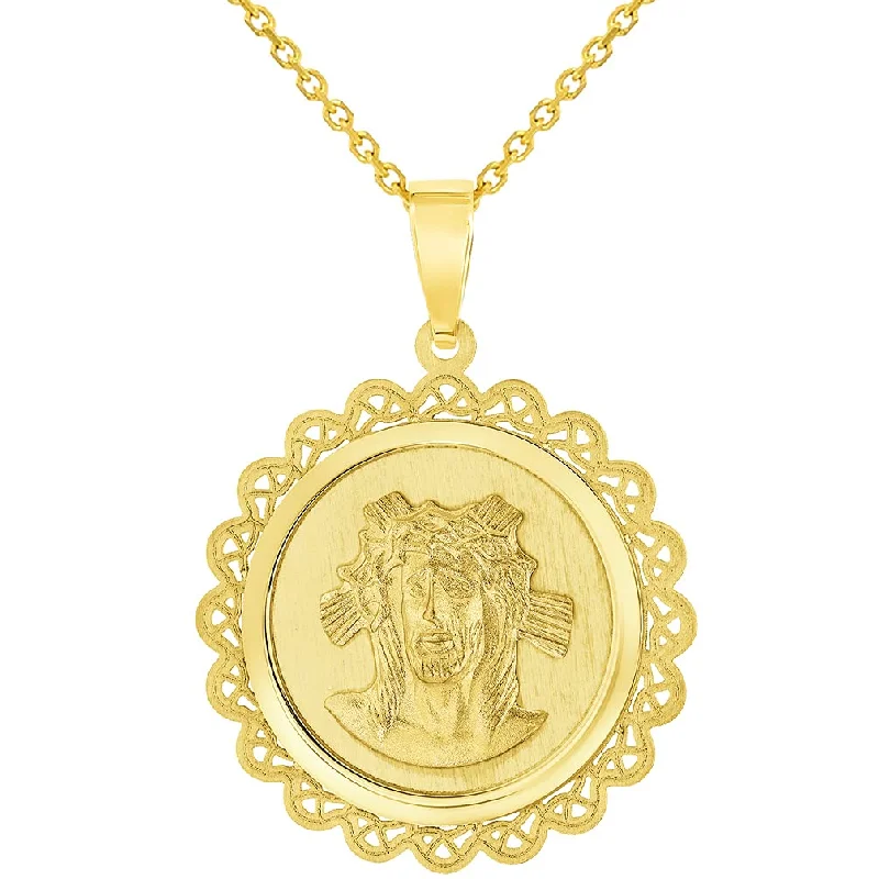 women bridal necklaces -14k Yellow Gold Holy Face of Jesus Christ On Round Ornate Miraculous Medal Pendant Necklace