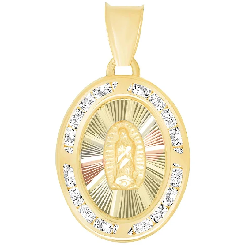 women rose gold necklaces -14k Yellow Gold Cubic Zirconia Oval Shaped Our Lady Of Guadalupe Medallion Pendant