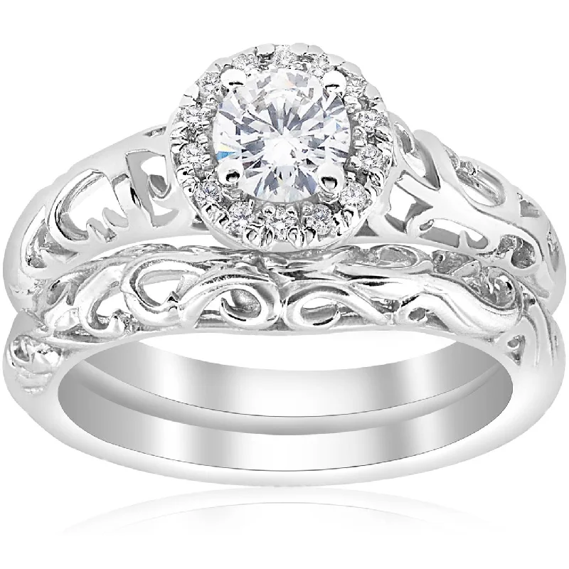 women engagement rings with matching bands -5/8ct Round Diamond Vintage Engagement Wedding Ring Set 14K White Gold