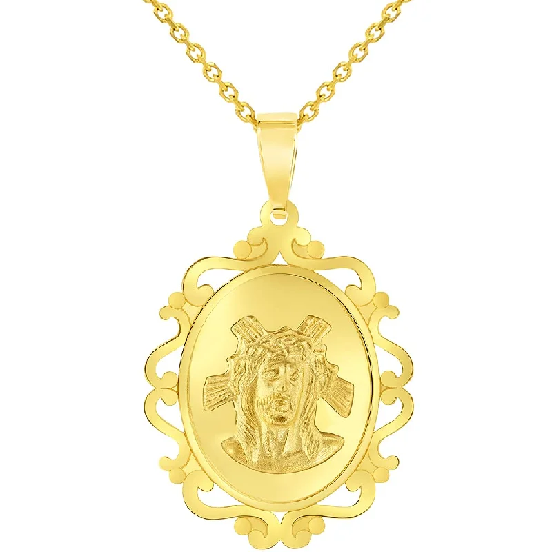 women engraved necklaces -14k Yellow Gold Holy Face of Jesus Christ On Elegant Ornate Miraculous Medal Pendant Necklace