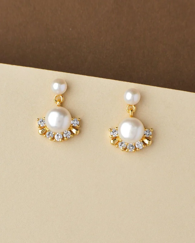 women gold drop earrings -Pretty White Pearl Hang Earring