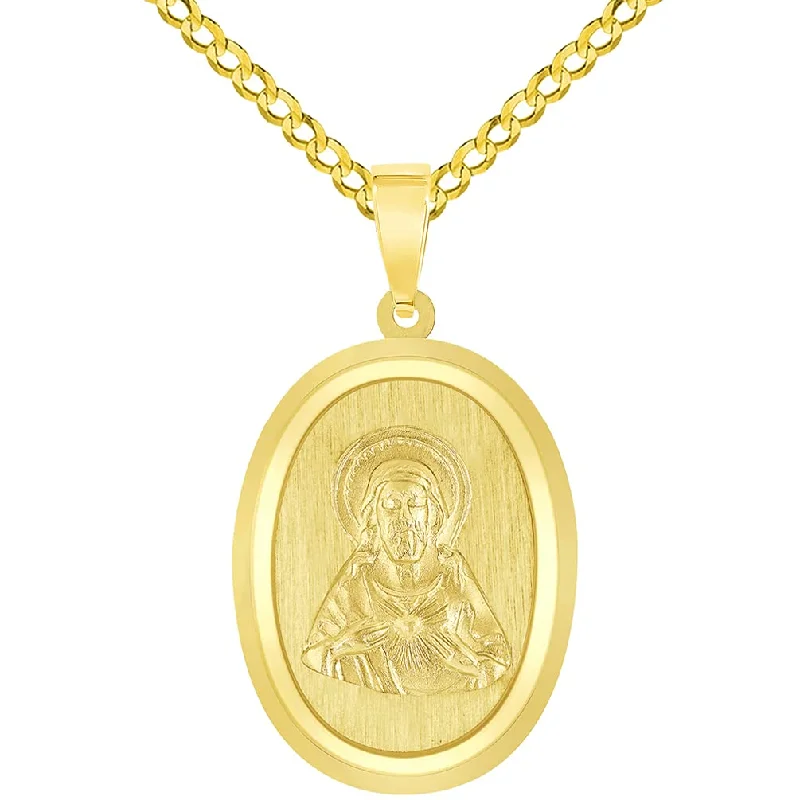 women antique necklaces -14k Yellow Gold Sacred Heart of Jesus Christ On Oval Miraculous Medal Pendant with Cuban Chain Curb Necklace