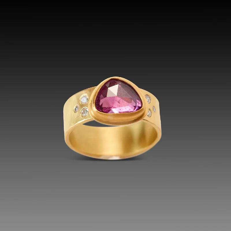 women modern rings -Pink Sapphire Ring with Diamond Trios