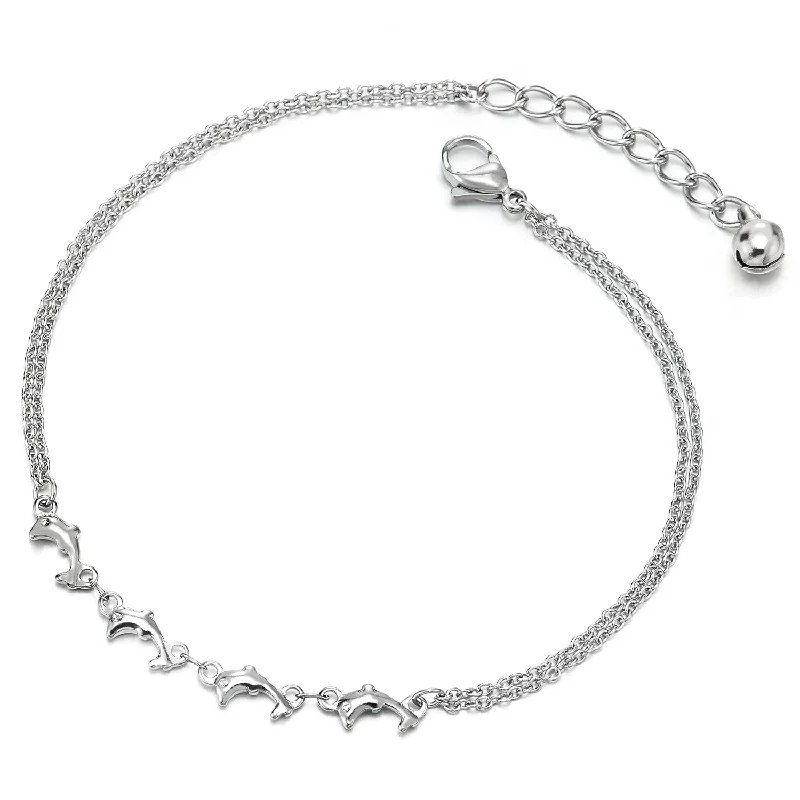 women minimalist bracelets -Two-Row Stainless Steel Link Chain Anklet Bracelet with Charms of Dolphins and Jingle Bell Adjustable