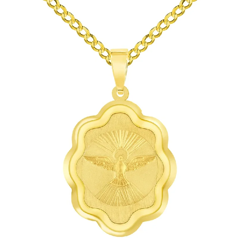 women vintage necklaces -14k Yellow Gold Holy Spirit Dove Religious Elegant Medal Pendant with Cuban Chain Curb Necklace