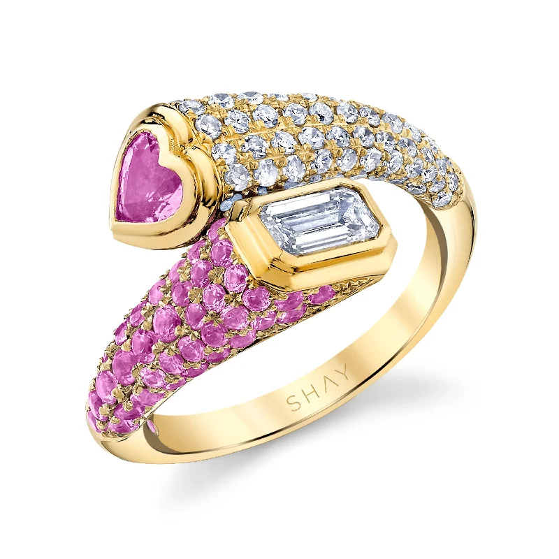 women romantic rings -PINK SAPPHIRE & DIAMOND MIXED BYPASS PINKY RING