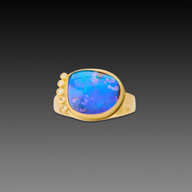 women double band rings -Glowing Boulder Opal Ring