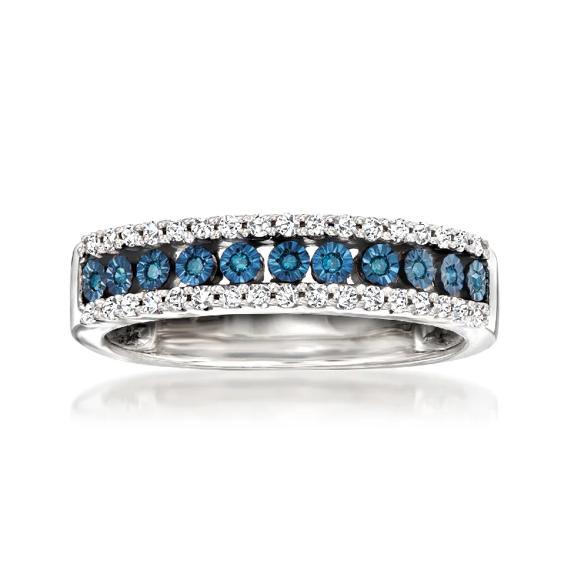 women luxury engagement ring sets -Ross-Simons White and Blue Diamond 3-Row Ring in Sterling Silver