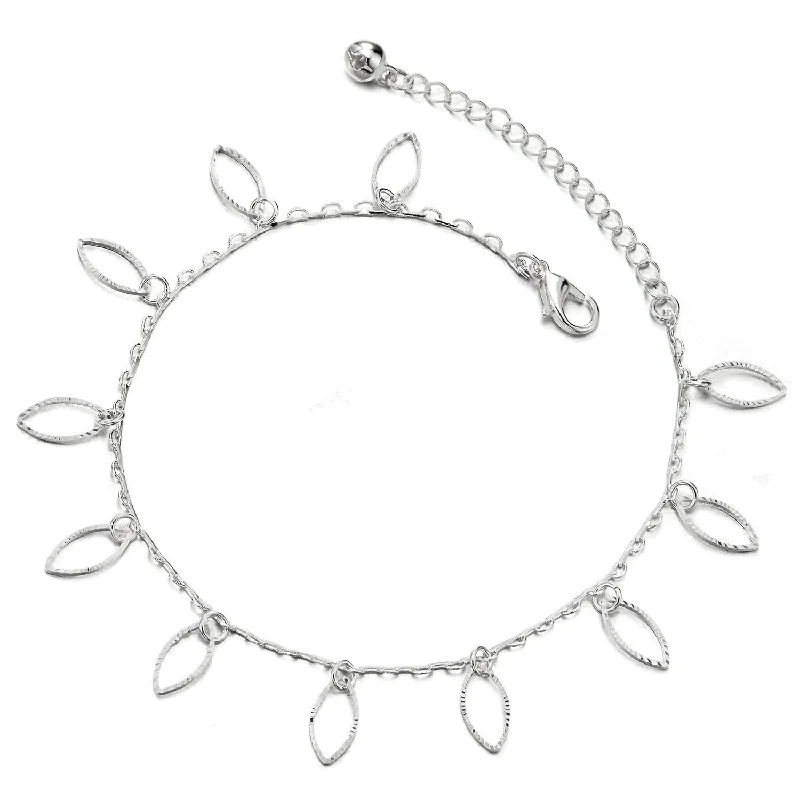 women floral bracelets -Anklet Bracelet with Dangling Charms of Grooved Oval and Jingle Bell, Adjustable