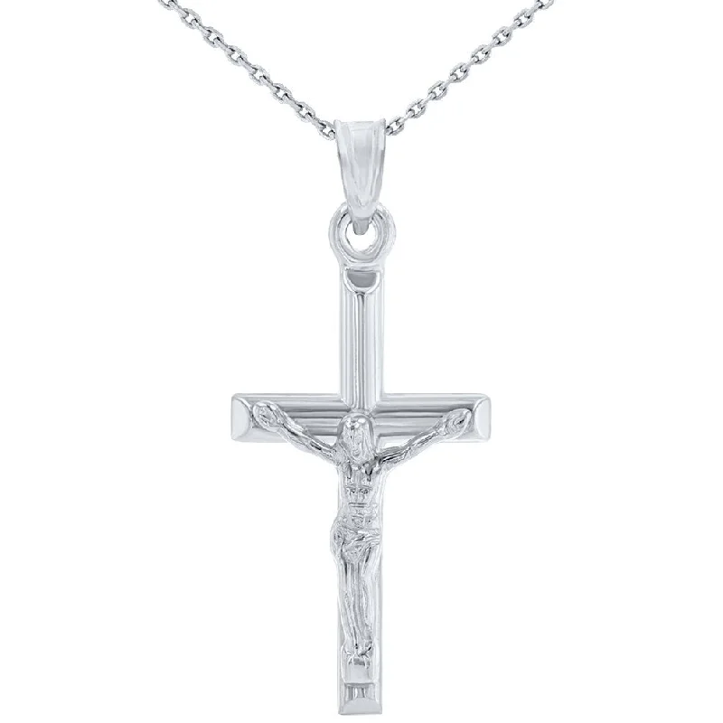 women layered necklaces -14K White Gold Polished Religious Cross Tubular Crucifix Pendant Necklace