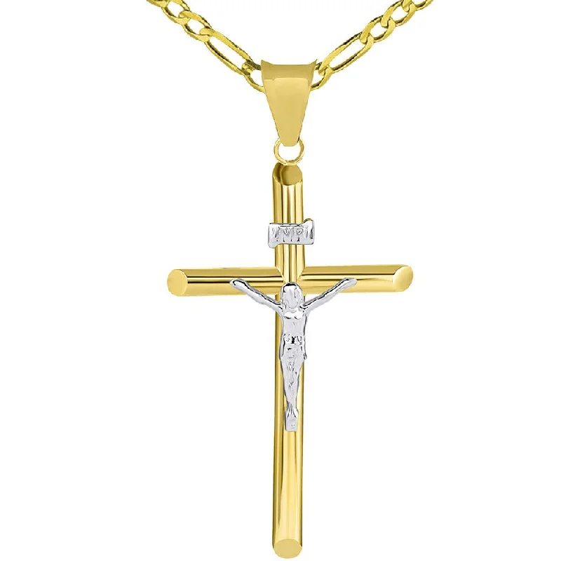 women chain necklaces -14k Two Tone Gold Traditional Catholic Cross INRI Crucifix Pendant with Figaro Necklace