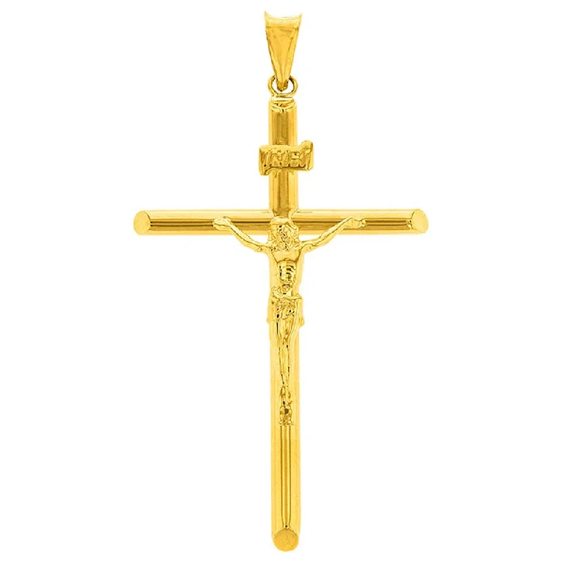 women layered necklaces -14k Yellow Gold Tubular Cross Christian INRI Crucifix Pendant, 2"