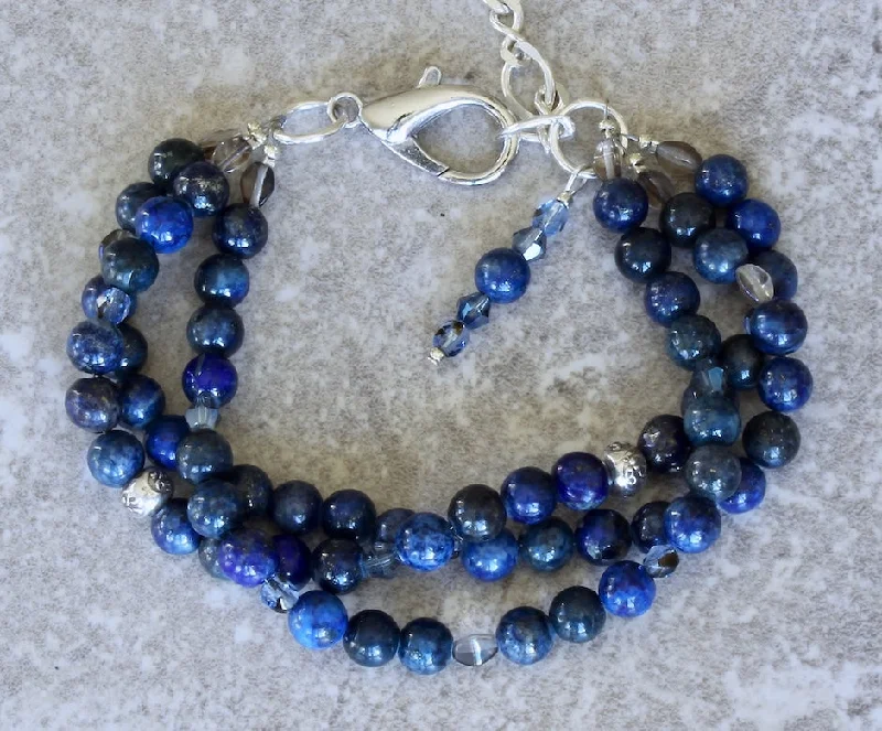 women charm bracelets -Lapis Lazuli Rounds 3-Strand Bracelet with Hill Tribe Silver Rondelles, Czech Glass and a Sterling Silver Lobster Clasp & Extension Chain