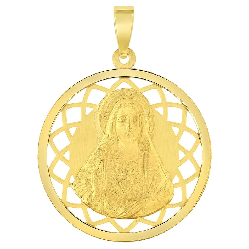 women chic necklaces -14k Yellow Gold Sacred Heart of Jesus Christ On Round Open Ornate Miraculous Medal Pendant