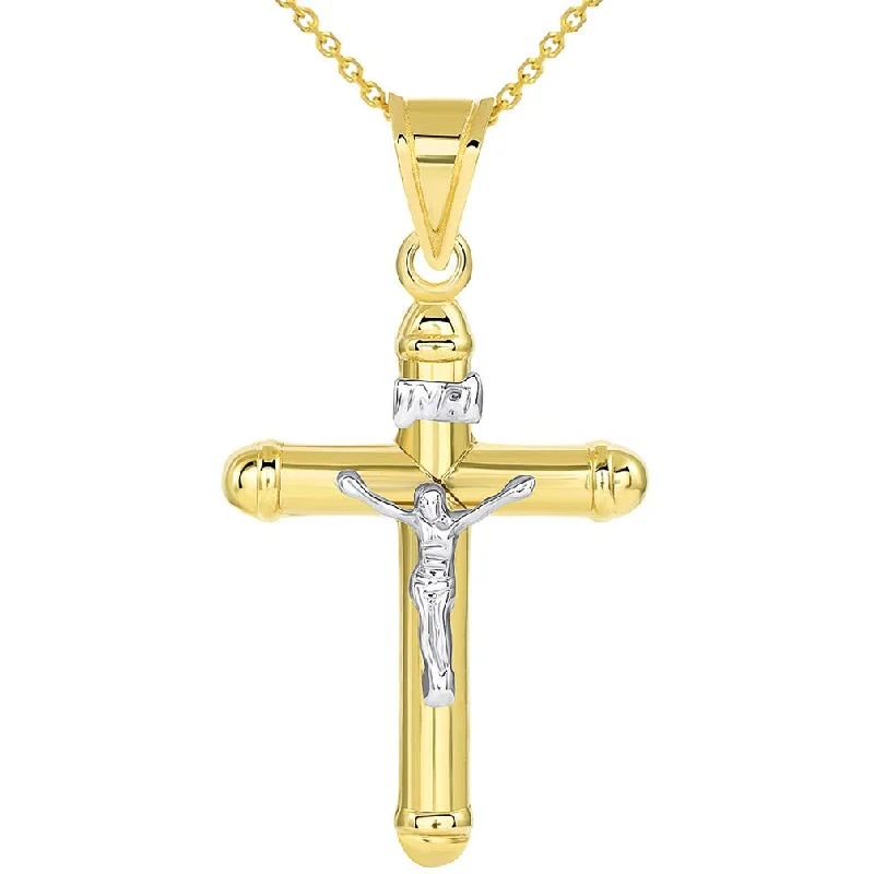 women tassel necklaces -14k Two Tone Gold Rounded Edge Christian INRI Crucifix Tube Cross Pendant Necklace