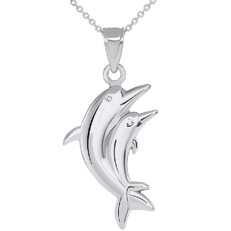 women monogram necklaces -14k White Gold 3D Two Dolphins Jumping Together Vertical Pendant Necklace