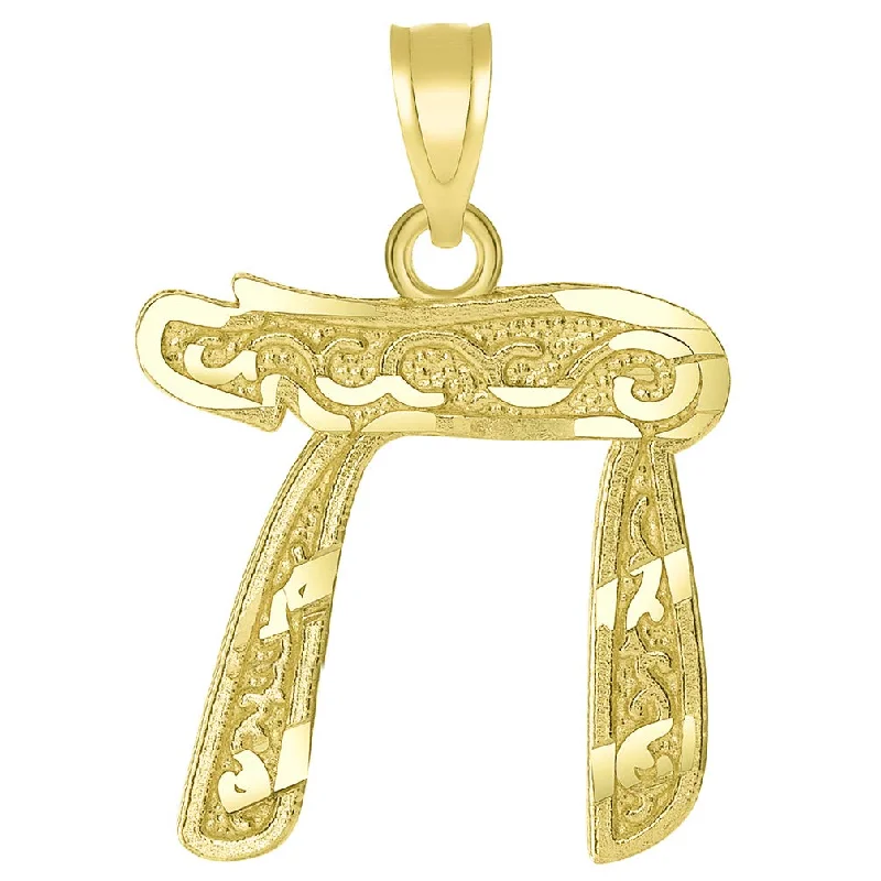 women gold necklaces -14k Solid Yellow Gold Textured Hebrew Chai Symbol Pendant