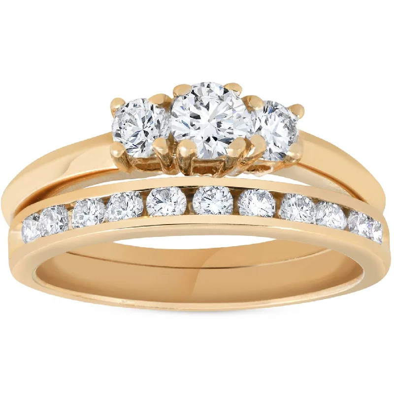 women rose gold engagement rings -14k Yellow Gold 1ct Diamond Engagement Wedding Ring Set 3Stone Channel Set Round