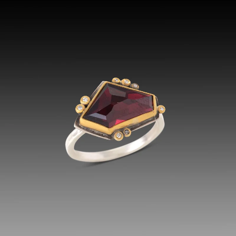 women sapphire and diamond rings -Geometric Rhodolite Garnet Ring with Diamonds