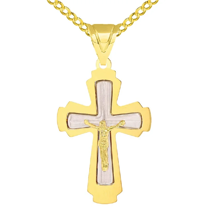 women luxury necklaces -14k Solid Two Tone Gold Roman Catholic Cross Crucifix Pendant with Cuban Chain Necklace