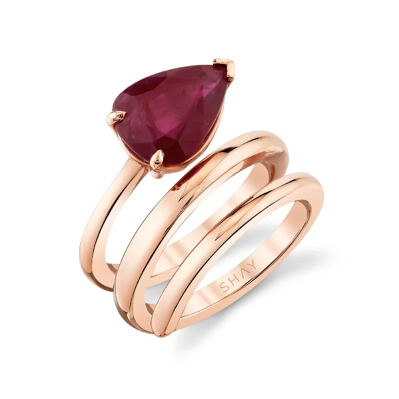 women promise rings -RUBY PEAR SOLID GOLD SPIRAL PINKY RING