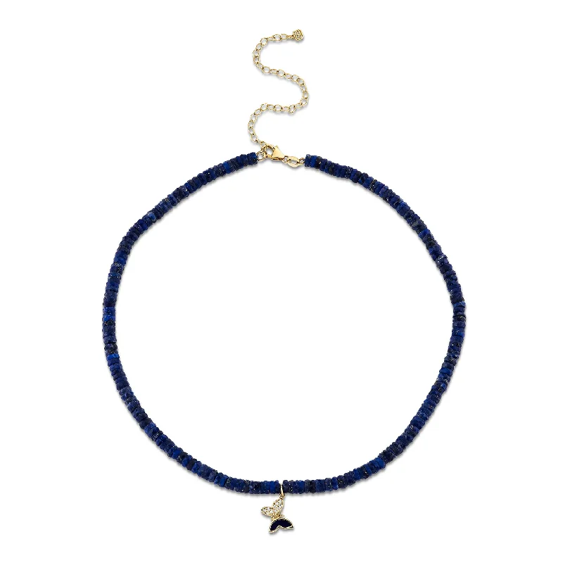 women engraved necklaces -Gold & Diamond Tiny Butterfly Lapis Heishi Necklace