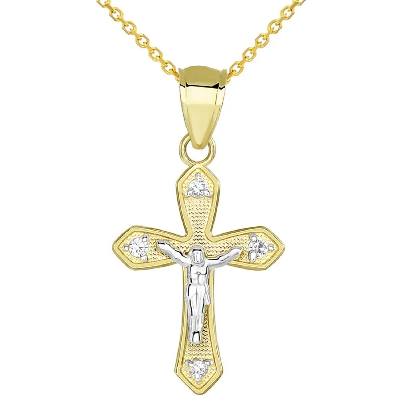 women charm necklaces -14k Two Tone Gold CZ Small Crucifix Religious Cross Charm Pendant Necklace