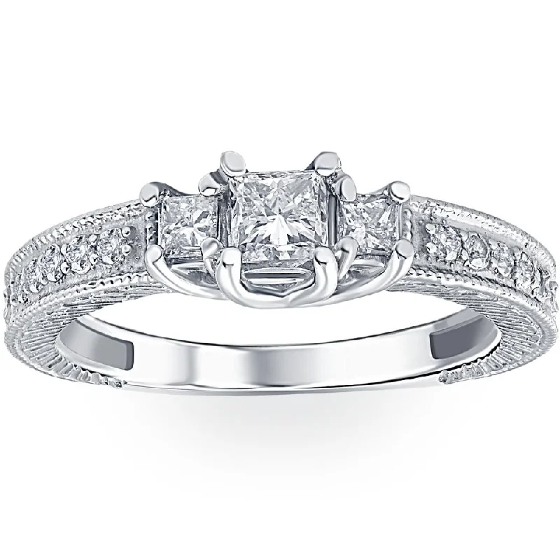 women two-tone engagement rings -1/2ct Vintage Three Stone Princess Cut Diamond Engagement Ring 14K White Gold