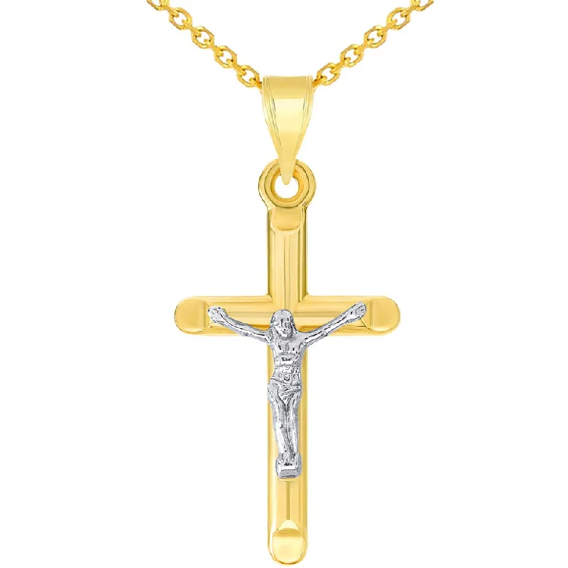 women gemstone drop pendant necklaces -14k Yellow Gold Two-Tone Religious Classic Tube Crucifix Pendant Necklace