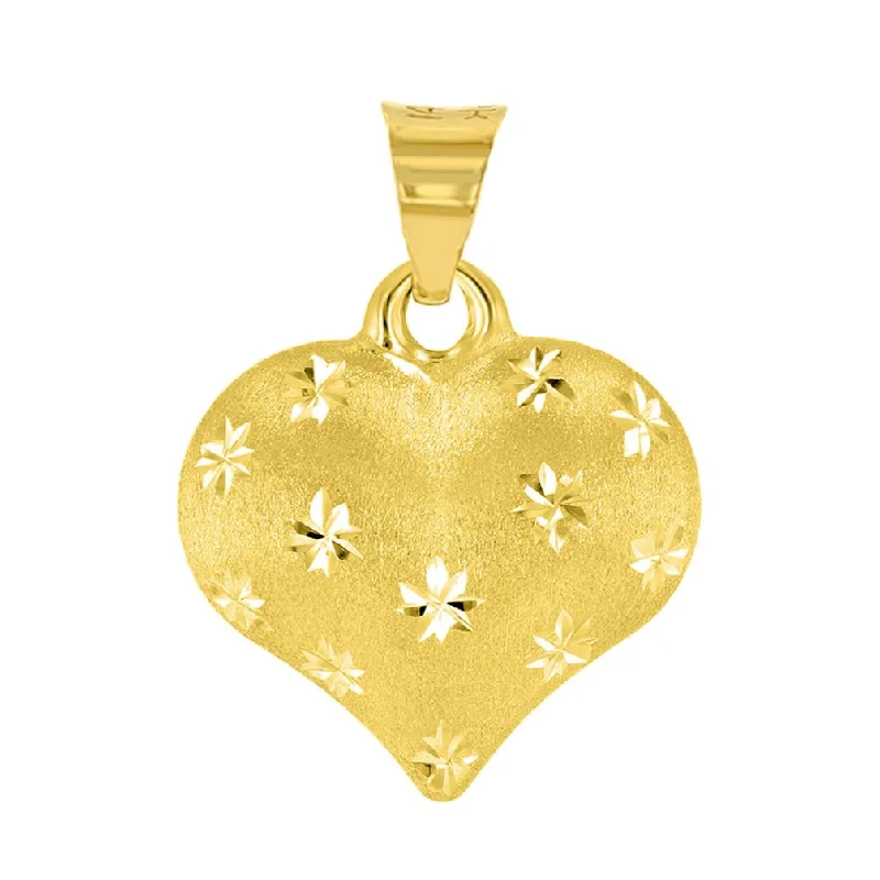 women chic necklaces -Polished 14K Yellow Gold Satin Heart with Star Texture Charm Pendant