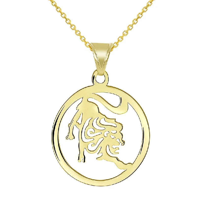 women chain necklaces -Solid 14k Yellow Gold Dainty Round Leo Zodiac Symbol Cut-Out Lion Pendant Necklace