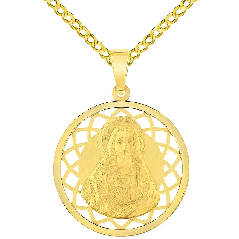 women unique necklaces -14k Yellow Gold Sacred Heart of Jesus Christ On Round Miraculous Medal Pendant Cuban Chain Curb Necklace