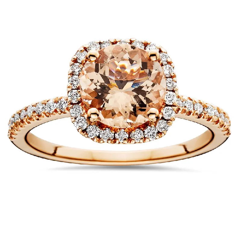 women vintage gold engagement rings -1 1/4 CT Morganite & Diamond Cushion Halo Engagement Ring 14K Rose Gold