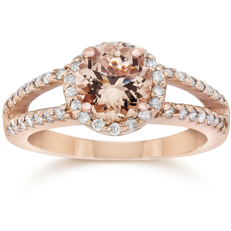 women gold solitaire engagement rings -1.65CT Morganite & Diamond Split Shank Halo Ring 14K Rose Gold