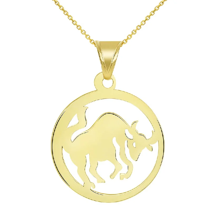 women lock necklaces -Solid 14k Yellow Gold Dainty Round Taurus Zodiac Sign Bull Disc Pendant Necklace