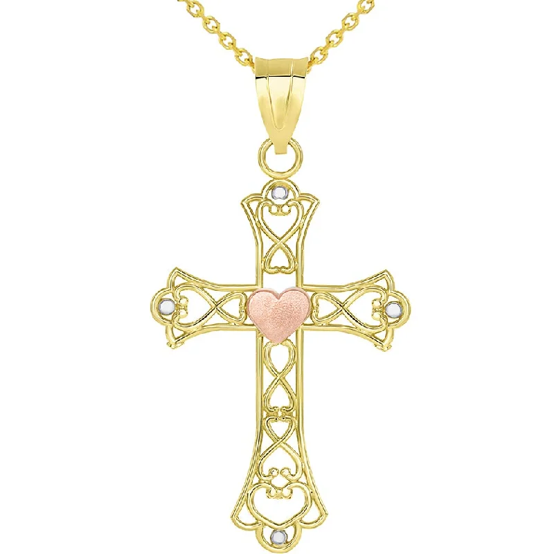 women crystal necklaces -14k Yellow Gold and Rose Gold Open Love Knot Heart Cross Pendant Necklace