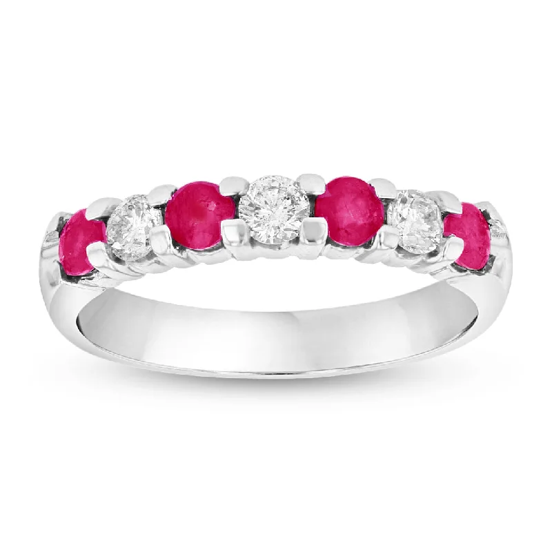 women ruby engagement rings -14K Gold Ring 0.78ct tw Round Diamonds and Natural Heated Rubys Prong Set Band