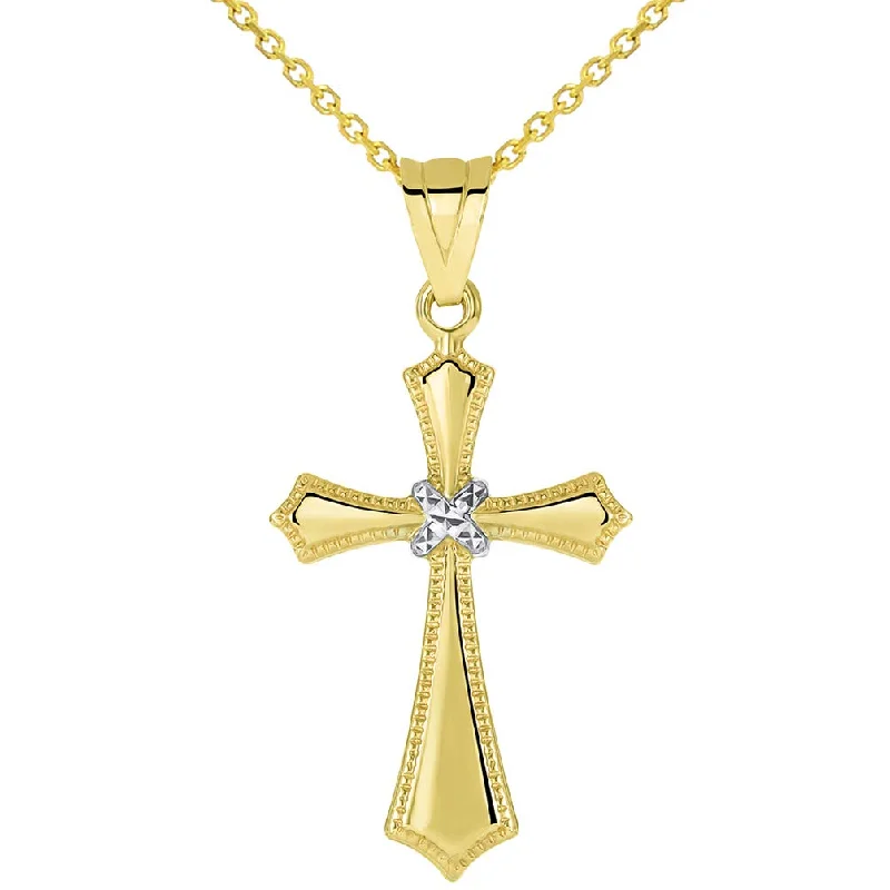 women wedding day necklaces -14k Yellow Gold Milgrain Edged Religious Cross Pendant with Rolo, Curb, or Figaro Chain Necklaces