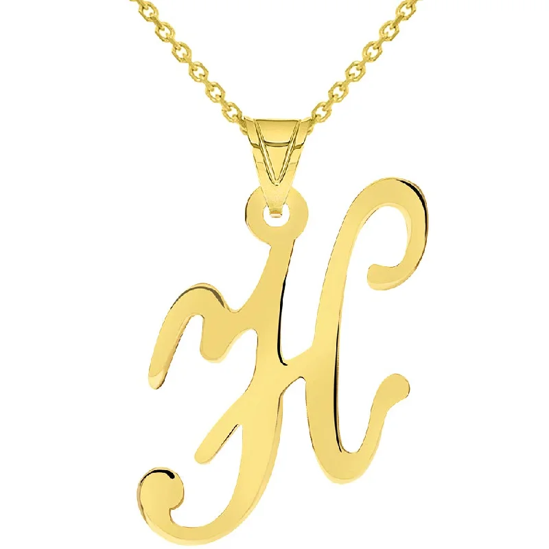 women layered necklaces -14k Yellow Gold Dainty Uppercase Script Initial H Cursive Letter Pendant Necklace