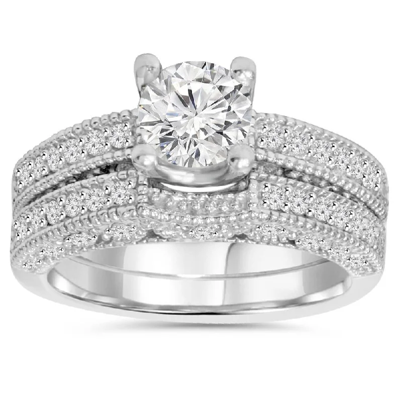 women stackable engagement rings -1 1/2ct Antique Diamond Ring Set 14K White Gold