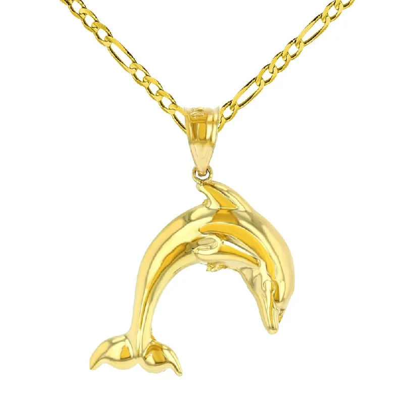 women modern necklaces -14K Yellow Gold Jumping Dolphin Charm Animal Pendant Figaro Chain Necklace with High Polish