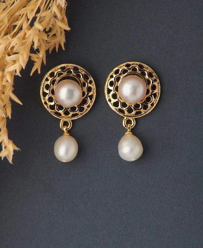 women chunky gold earrings -Trendy White Pearl Hanging Earring