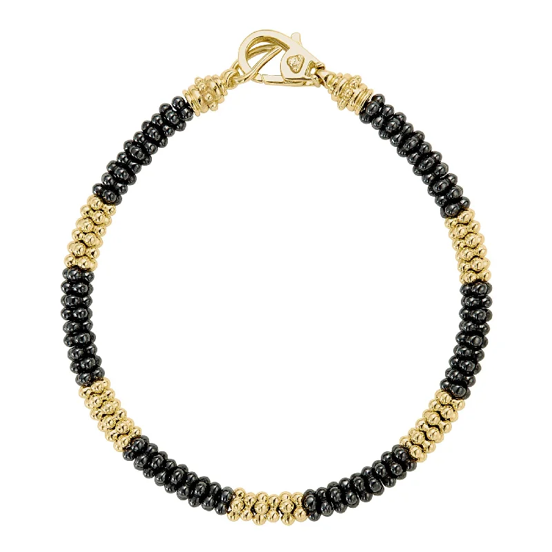 women fashion bangles -Black Caviar Five Large 18K Gold Station Ceramic Beaded Bracelet | 5mm