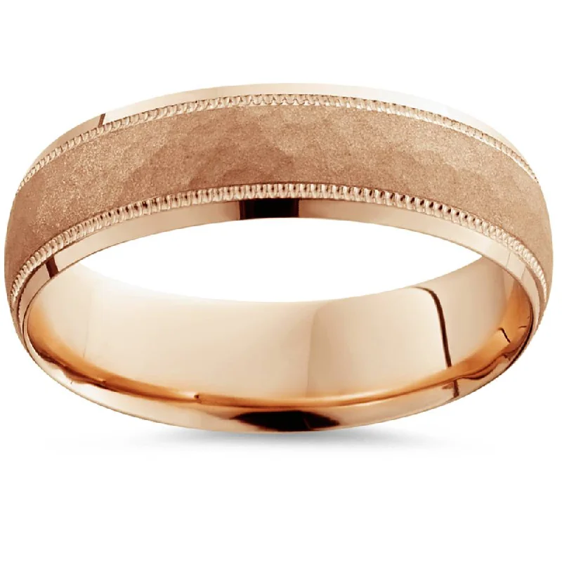 women engraved wedding bands -6mm Mens Rose Gold 14K Hammered Band Wedding Ring