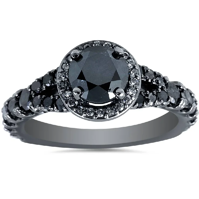 women antique engagement rings -1 3/8ct Treated Black Diamond Split Shank Halo Engagement Ring 14K White Gold