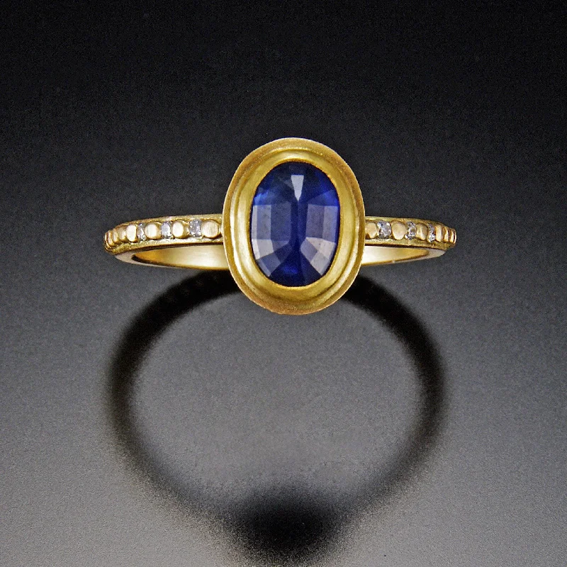 women men’s wedding rings -Oval Blue Sapphire Ring with Diamond Band