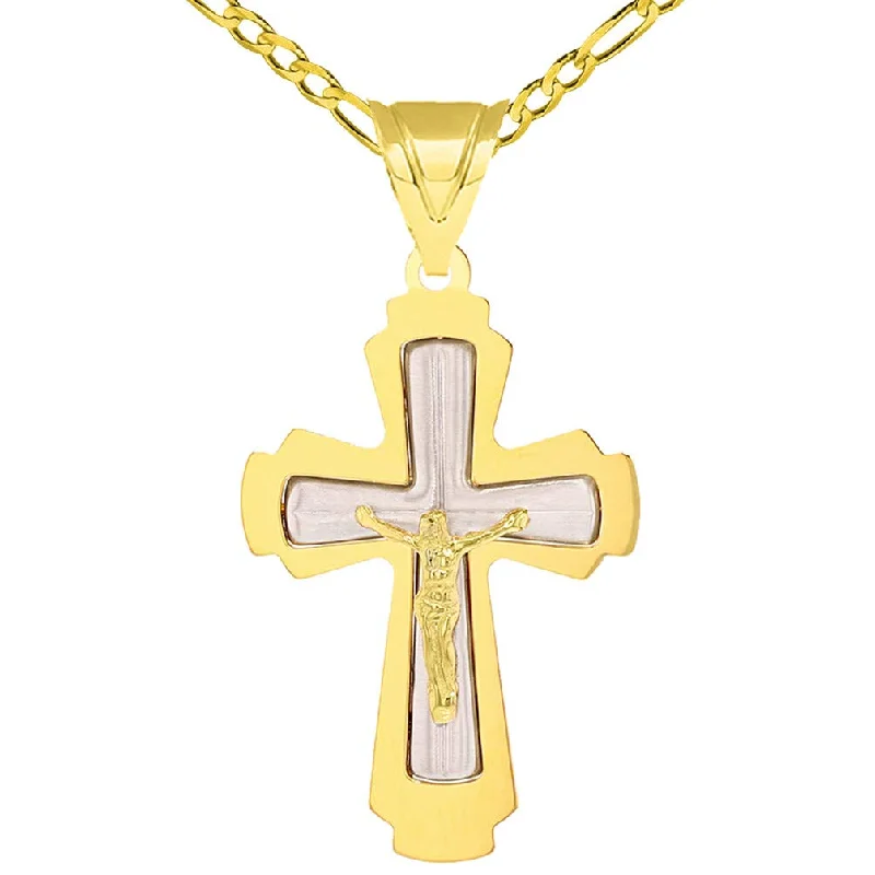 women art deco necklaces -14k Solid Two Tone Gold Roman Catholic Cross Crucifix Pendant with Figaro Chain Necklace